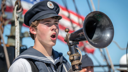 Young Sailor Using Voice Amplifier Aboard Tall Ship, Communicating With Crew, Maritime Historyの素材