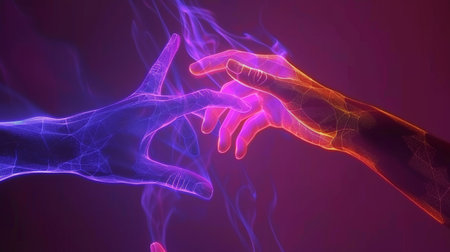 Two Hands Almost Touching, Futuristic Connection and Digital Interaction Concept, 3D Renderの素材