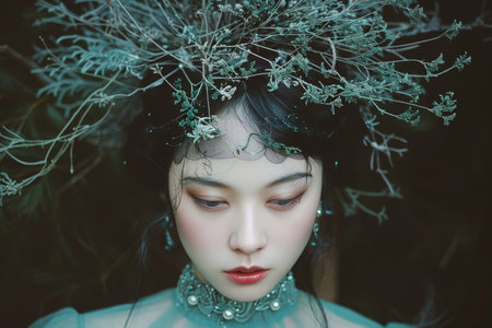 Portrait of a Beautiful Young Woman with Twig Crown, Mysterious and Alluring Look, Dark Backgroundの素材