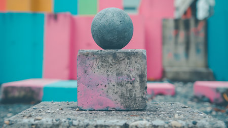 Gray Sphere Balancing on Concrete Cube with Colorful Background, Concept of Balance and Stabilityの素材
