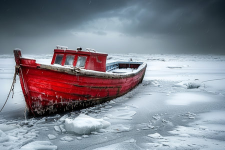 Red Fishing Boat Locked in Icy Grip, Frozen Sea, Winter Landscape, Climate Change Conceptの素材