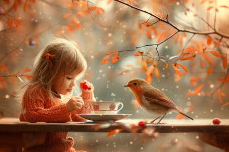 Little Girl Sharing Tea Time with Robin Bird in Autumn. Child and Wildlife Friendship.の素材