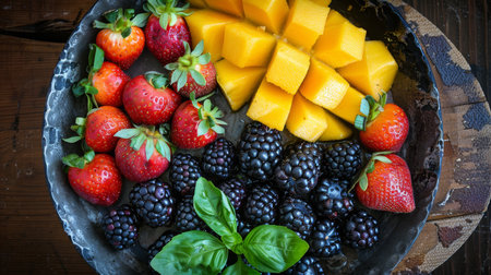 Vintage metal plate showcasing vibrant fruits and vegetables in a cozy natural light settingの素材