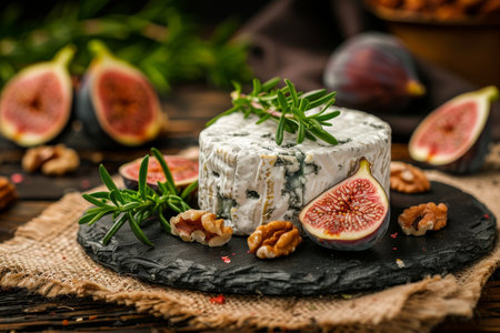 Savor the flavor blue cheese with fig, walnut, and rosemary on a rustic wooden table settingの素材