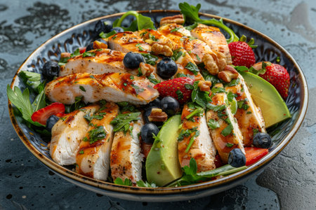 Delightful summer salad with strawberries, grilled chicken, blueberries, avocado, and walnutsの素材