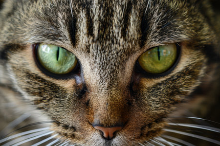 Intense Green Eyes of a Tabby Cat Close-up Portrait with Focus on Furry Face Detail.の素材