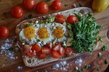 Deliciously toasted bread with fried eggs, creamy avocado, and fresh vibrant greens toppingの素材
