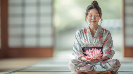 Serene portrait of a Japanese girl in kimono gracefully holding a lotus flower in a cultural settingの素材