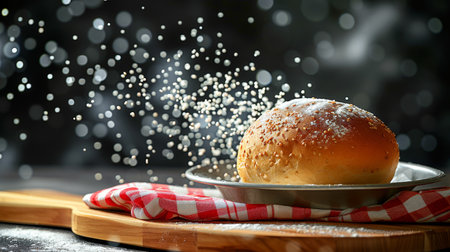 Rustic round wheat bread on vintage metal plate with napkin on wooden board against dark backgroundの素材