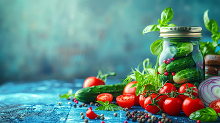 Canned cherry tomatoes and cucumbers with fresh herbs and spices on a rustic wooden surfaceの素材