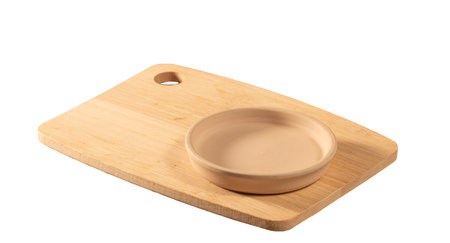 Kitchen cutting board and clay saucer,isolate on white background.の写真素材