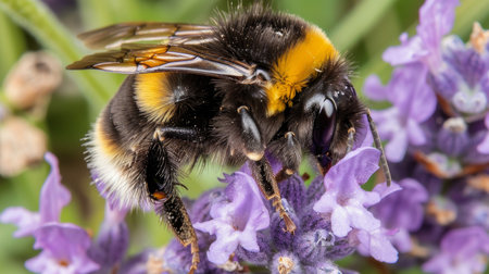 Close up of a bee gathering nectar from lavender flowers in a vibrant summer garden settingの素材