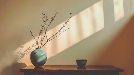 Stylish minimalist living room design with wooden console, ceramic bowl, and chic personal accentsの素材