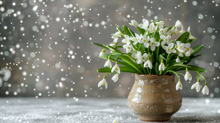 Vibrant spring floral arrangement showcasing fresh snowdrop blooms on a soft pastel backgroundの素材