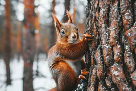 A winter squirrel forages for food while perched on a tree branch in the chilly seasonの素材