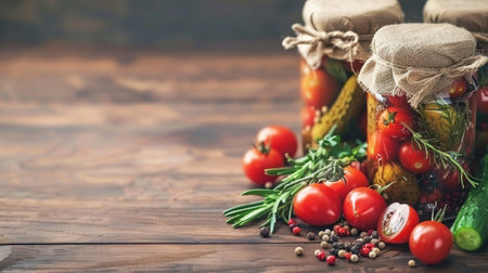 Preserved cherry tomatoes and cucumbers with fresh herbs and spices on rustic wood backgroundの素材