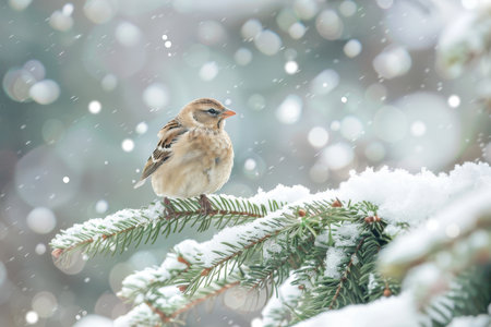 Close up of a female chaffinch perched on a snow covered branch in a winter wonderlandの素材