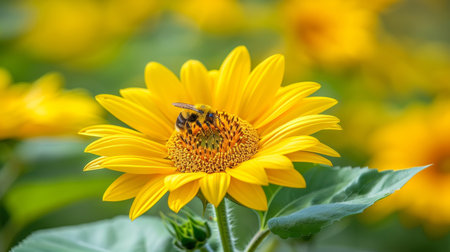 Close up of a bright yellow sunflower and a bee collecting nectar against a gentle green backdropの素材
