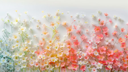 Delicate Floral Background, Pastel Flowers in Rainbow Gradient on White, Spring or Summer Conceptの素材
