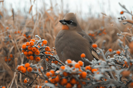 Bohemian waxwing delights winter meal of frozen rowan berries in snowy landscapeの素材