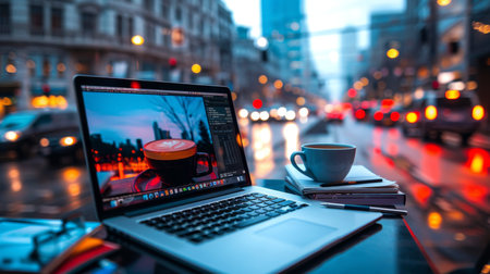 Cozy evening workspace with laptop, coffee cup, books, and a stunning cityscape view outsideの素材