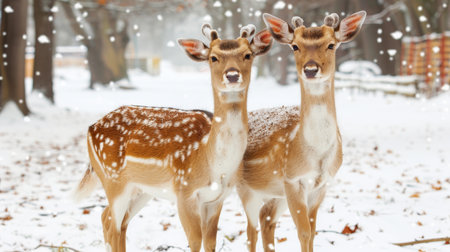 Elegant deer family wandering through a peaceful snow covered winter forest landscapeの素材
