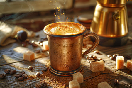 Morning coffee bliss ceramic cup with foam and vintage bronze grinder bathed in warm sunlightの素材
