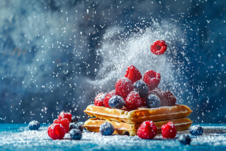 Mouthwatering Belgian waffles garnished with fresh raspberries and blueberries on a kitchen tableの素材
