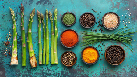 Fresh green asparagus and preserved vegetables a culinary delight for creative recipesの素材