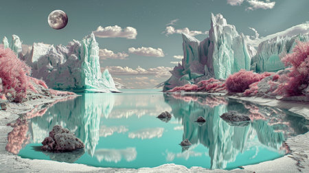 Infrared Landscape With Pink Foliage, Turquoise Water, Glacier Reflections, And A Large Moon.の素材