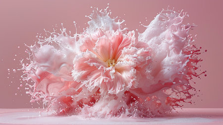 A Pink Flower Blooms with White Creamy Splash on a Pastel Pink Background, Art and Beauty Conceptの素材