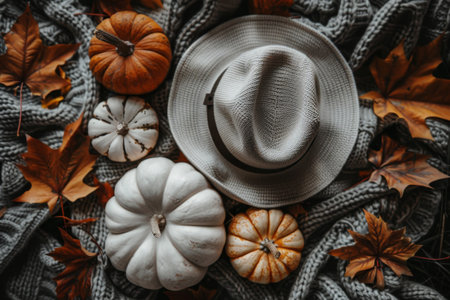 Charming autumn atmosphere with knitted sweater, stylish hat, mini pumpkins, and vibrant leavesの素材