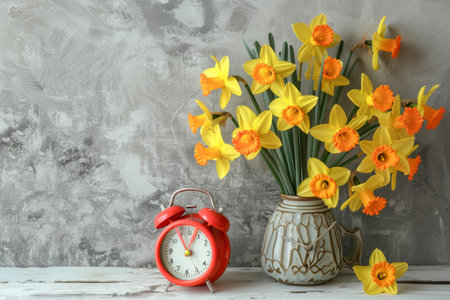 Morning motivation vibrant yellow daffodils and a cheerful orange alarm clock on white woodの素材