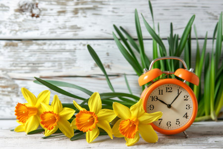 Morning motivation vibrant yellow daffodils and a bold orange alarm clock on a rustic white tableの素材
