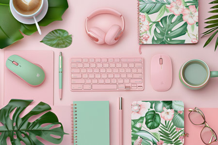 Stylish minimalist workspace featuring keyboard, mouse, notebook, pen, glasses, and coffee on pastelの素材