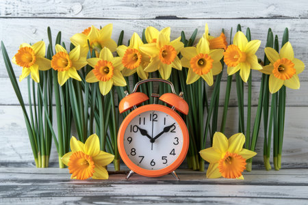 Morning motivation bright yellow daffodils and an orange alarm clock on a white wooden tableの素材