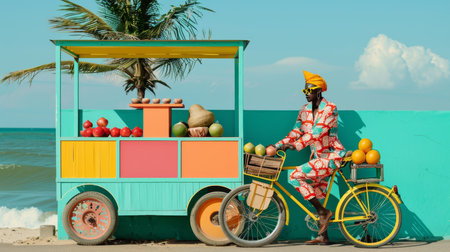 Stylish African Man with Bike Posing by Colorful Fruit Stand on Beach, Tropical Vacation Conceptの素材