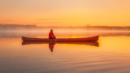 Serene Sunrise Canoe Trip. Tranquil Foggy Lake, Golden Hour Solitude. Adventure, Nature, Travel.の素材