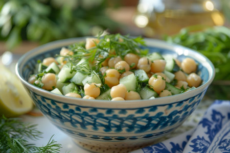 Chickpeas in a ceramic bowl surrounded by fresh herbs creating a healthy and inviting ambianceの素材