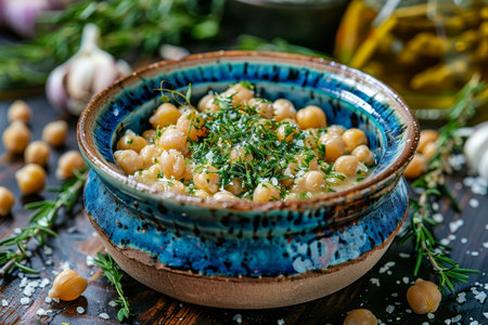Chickpeas in a ceramic bowl surrounded by fresh herbs for a healthy and inviting atmosphereの素材