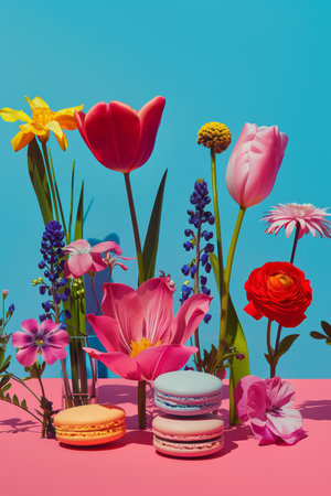 Colorful Spring Floral Arrangement. Macarons and Bright Flowers on a Blue and Pink Background.の素材