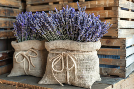 Two Beautifully Arranged Burlap Lavender Bouquets with Rustic Charm for Home Decor and Aromatherapyの素材