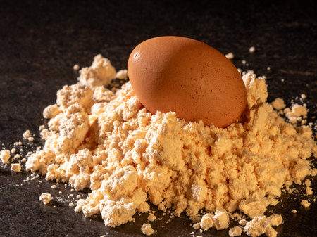 A chicken egg rests on a scoop of protein powder, symbolizing healthy eating and nutrition. This image highlights the importance of protein in a balanced diet for fitness enthusiasts.の写真素材