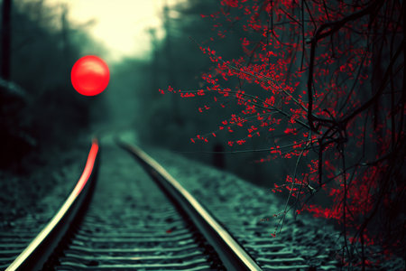 Serene Railroad Twilight Scene with Abandoned Rails, Scarlet Leaves, and Vanishing Point Perspectiveの素材