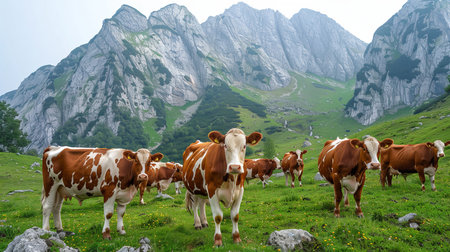 Scenic view of spotted cows grazing in a lush alpine meadow under clear blue skiesの素材