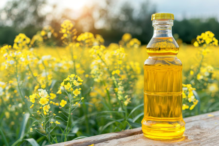 Yellow rapeseed oil bottle on wooden table with blooming rapeseed field in the backgroundの素材