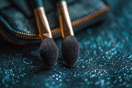 Flat lay of an open makeup bag with makeup brushes on a sparkling black glitter backgroundの素材