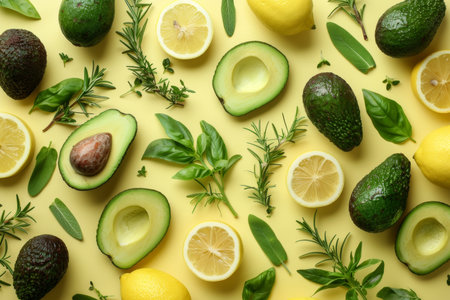 Minimalist food photography avocados, lemons, and fresh herbs arranged on a bright yellow surfaceの素材