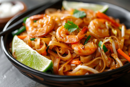 Savory pad thai noodles topped with lime and fresh basil against a bright coral backdropの素材