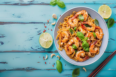 Delicious pad thai noodles garnished with lime and fresh basil on a vibrant coral backgroundの素材
